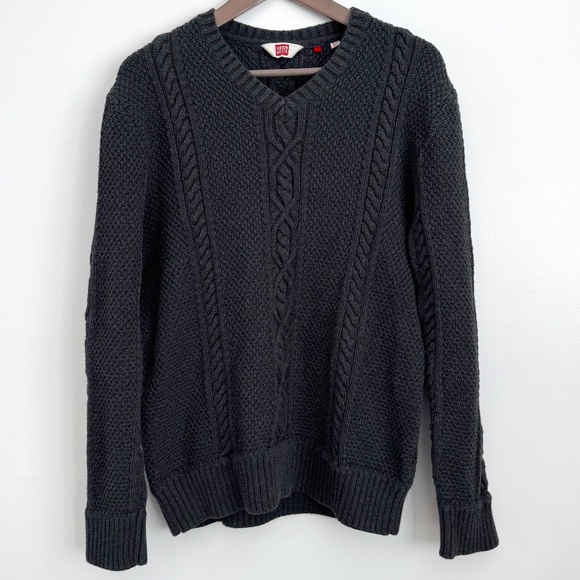 Men's HUDSON NORTH Cable Knit 100% Cotton V-neck Sweater, Charcoal Grey, Size XL - Picture 4 of 7